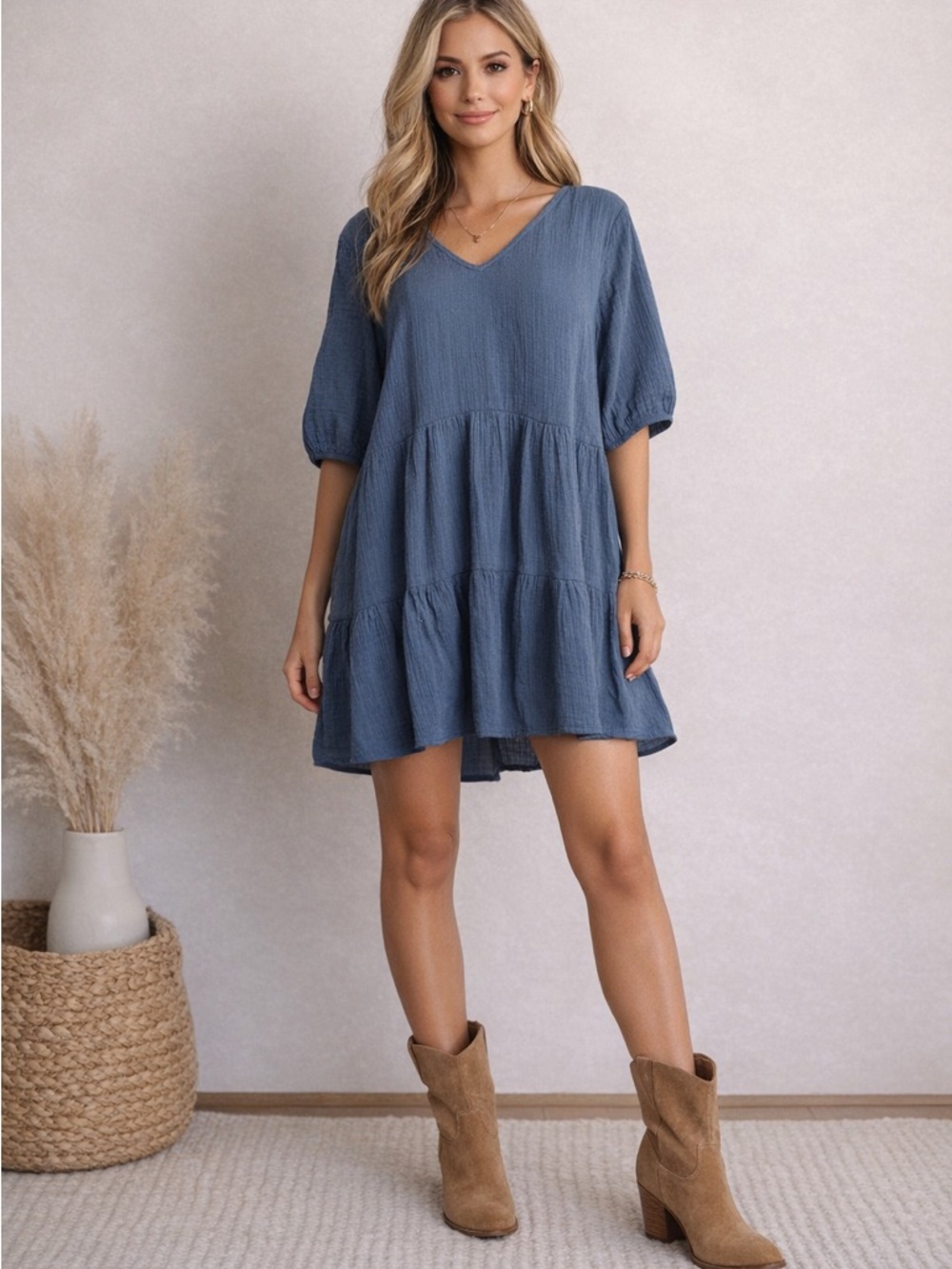 Ana (a new approach) Large Relaxed Short Sleeve V-Neck Women’s dress- Navy